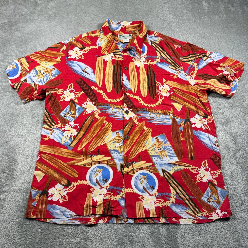 Vintage Kamehameha Hawaiian Shirt Men XL Red Surfboard Floral Rayon Vacation